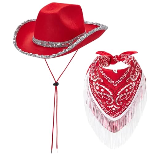 Grtheenumb Cowgirl-Hut mit Fransen-Bandana-Brandkanten-Pailletten Red Cowgirl Hut mit Kinnband Nicht gewebter westlicher Cowboyhut für Cosplay, Halloween Costumes Cow Girl Hut von Grtheenumb