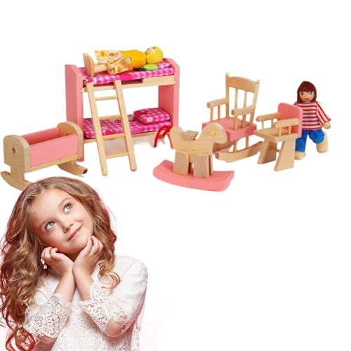 Grtheenumb Dollhouse -Bett, Holzpuppenhausmöbel Set 1:12 Holzpuppenhausmöbel Set umfassen Etagenbett mit Leiter, Schaukelstuhl & Pferd, Hochstuhl und Stuhlbasstuhl DIY Dollhouse Möbel von Grtheenumb