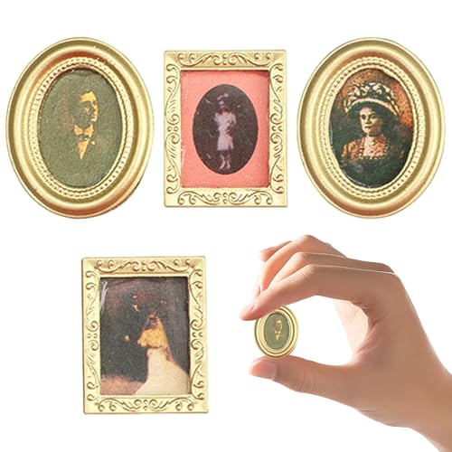 Grtheenumb Dollhouse Bilderrahmen, 4PCS Dollhouse Bildrahmen Set, viktorianische Kunst Wand Bilder 1/12 Maßstab Accessoires Gedruckte Gemälde Golden Frames Dollhouse Möbel Set für Wohnzimmer von Grtheenumb