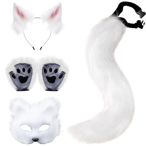 Grtheenumb Fox Cosplay -Kostüm -Set, weiße Katzenfuchs -Ohren und Schwanz -Set Therian Maske und Paws Fluffy Therian Kostüm für Maskerade Party von Grtheenumb