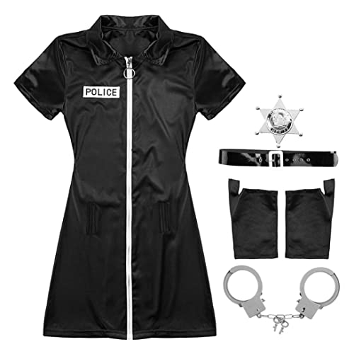 Grtheenumb Frauen Halloween Police Offerer Kostümpolizei Uniform Bodycon Kleid mit Abzeichengürtel und Manschetten Outfits Ohrring von Grtheenumb