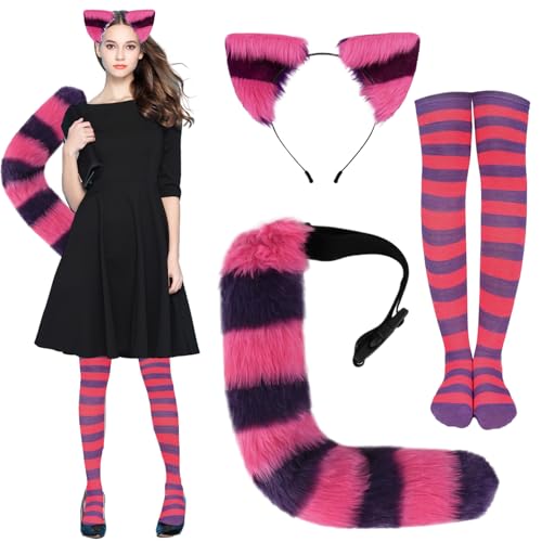 Grtheenumb Gestreifte Katzenkostüm für Frauen, Katzenohren Stirnband, pelziger Schwanz und gestreifte Socken Halloween Cosplay Kostümkit für Dress -up -Party von Grtheenumb