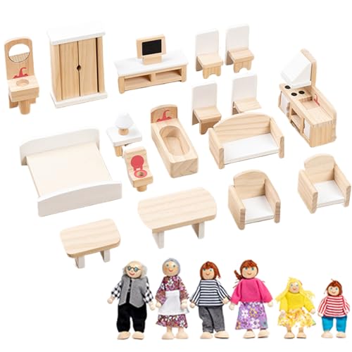 Grtheenumb Holzpuppenhausmöbel Set mit 6 Familienpuppen, 5 Zimmer Dollhouse Möbel, DIY Educational Dollhouse Accessoires für Kinder 3+ Weihnachtsfeier Geburtstagsgeschenke, weiße Puppenhausmöbel von Grtheenumb