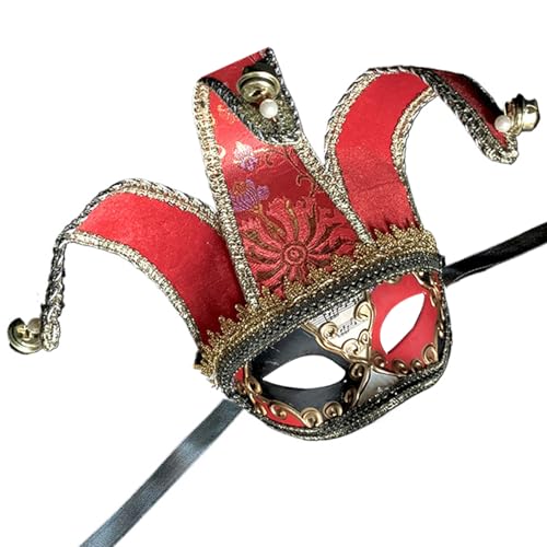 Grtheenumb Jestermaske für Erwachsene, venezianische Maske, exquisite venezianische Maske Halbgesicht Masquerade Maske mit Kopfgurt 7,5x13,4 Zoll Halloween Maske für Party, Bühne, Rot von Grtheenumb