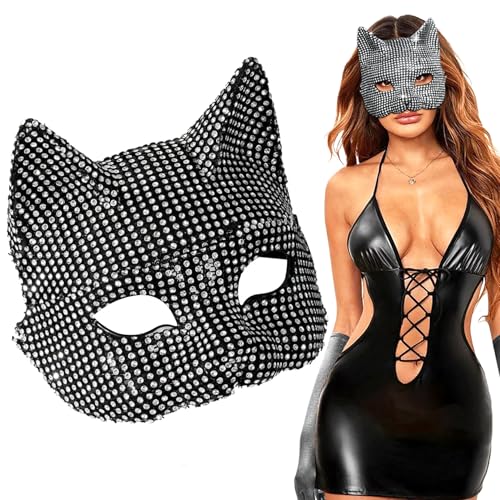 Grtheenumb Katzenmaske 7.5x6.3 Halbgesicht Katzenfrau Mask Black Sexy Maske mit Strass -Shiny Cosplay -Maske für Halloween, Tanzparty, Katzenkostüm, sexy Maske von Grtheenumb