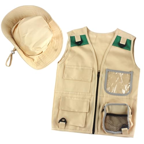 Grtheenumb Kids Cargo Weste mit Hut stilvolle Mehrfachpocket-Reißverschluss Kinder Kids Kids Fischerei Weste Dekorative Kinder Kostüme für Outdoor Exploration Cosplay Party Kids Cargo Weste von Grtheenumb