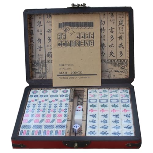 Grtheenumb Mahjong -Set, Mahjong -Fliesen -Set Antique Chinese Mahjong Game Set tragbares Reisen Mahjong -Set mit Aufbewahrungsbox, Anweisungen, Würfel und Ersatzfliesen Mahjong Set, 0,9x0,6x0,5in von Grtheenumb