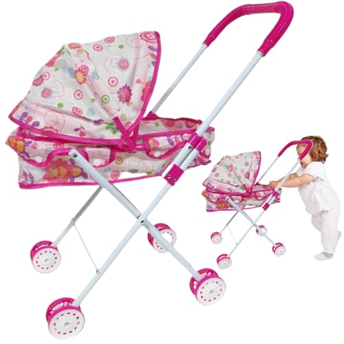 Grtheenumb Puppenwagen Faltbarer Babypuppenwagen mit Push -Handle und Einstellbarer Schatten Abnehmbarer tragbarer Stabiler Babypuppenwagen für Mädchen, tun Sie vor, Babypuppenwagen zu Spielen von Grtheenumb