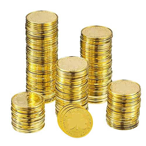 Grtheenumb St. Patrick's Day Coin Gold Plastik Shamrock Coin 3-Blattmünze für Partyversorgung 100pcs Gold Shamrock Kobold von Grtheenumb