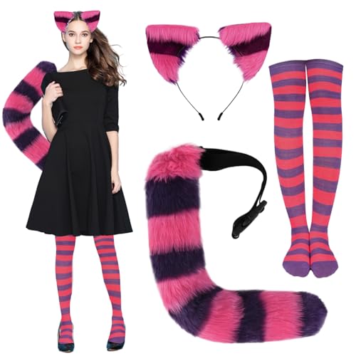 Grtheenumb Streifen Katzenkostüm für Frauen, gestreifte Katzenkostüm -Set umfassen Katzenohren Stirnband, pelziger Schwanz, Socken für Cosplay -Kleidungsstücke von Grtheenumb