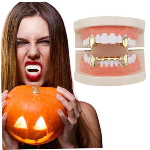 Grtheenumb Vampirzähne 1Set Golden Glossy Plated Hip Hop Fangs für Cosplay -obere Bodenzähne für Männer und Frauen Vampirzubehör für Halloween Kostüm Cosplay Vampire Zähne von Grtheenumb