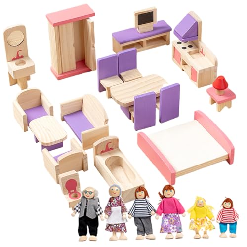 Holzpuppenhausmöbel Set mit 6 Familienpuppen, 5 Zimmer Dollhouse Möbel, DIY Educational Dollhouse Accessoires für Kinder 3+ Weihnachtsfeier Geburtstagsgeschenke, farbenfrohe Puppenhausmöbel von Grtheenumb