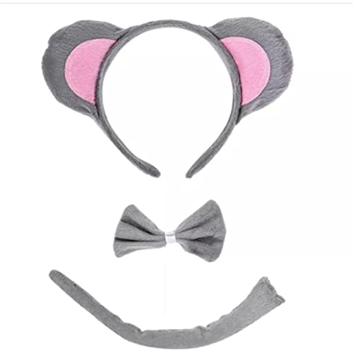 Mouse Ohr Stirnband Schwanz Biege Kostüm Zubehör, niedliche Maus -Ohr -Stirnband 3 -teilige Set, Erwachsene Kinder Jungen Mädchen Halloween Cosplay Game Party Rattenthema Neuheit Make -up Kostümzubeh von Grtheenumb