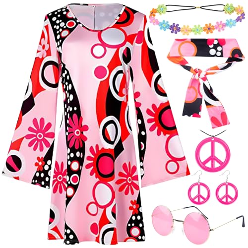 Gsnoniwi Hippie Kostüm Damen, 6PCS Faschingskostüme Damen, 70er Jahre Outfit Damen, Hippie Schmuck, Stirnband Halskette, Ohrringe für Karneval Party, （XXL） von Gsnoniwi