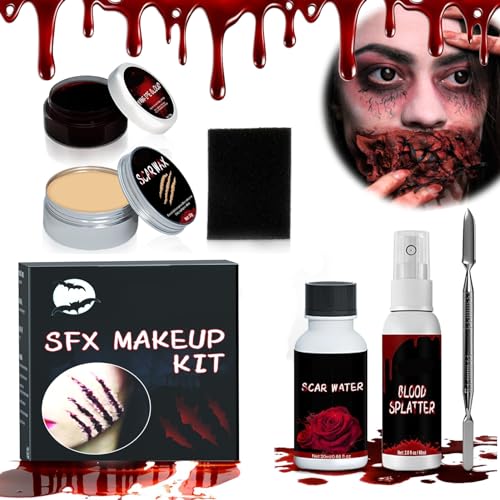 Wunden Schminken Set,Make-up Narben Wax Kit,Halloween Makeup Spezialeffekt,Kunstblut Wundschorf,Blutgel Hautwachs für Wunde Narben Schnitte Kratzer von Gubuyi