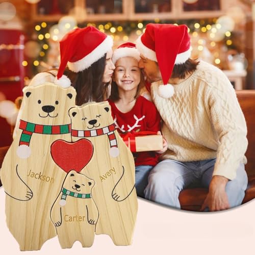 Holzbären-Familien-Puzzle, personalisierte Weihnachtsschmuck, individuelle bezaubernde Bärenfiguren, Holztierschnitzereien, Familiennamen-Puzzle, Mutter-Geschenke von Gufacai