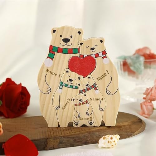 Holzpuzzle mit Namen und Namen, Gedenkgeschenk, Tierfamilie, Weihnachtsschmuck, individueller Namen, Bärenpuzzle für Mutter, Vater, Mutter, Vater, personalisierbar (5 Bären) von Gufacai