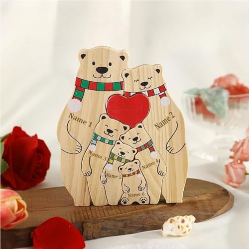 Holzpuzzle mit Namen und Namen, Gedenkgeschenk, Tierfamilie, Weihnachtsschmuck, individueller Namen, Bärenpuzzle für Mutter, Vater, Mutter, Vater, personalisierbar (6 Bären) von Gufacai