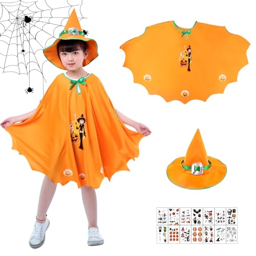 Gugatad Halloween Umhang Kinder mit Hut,Halloween Kostüm Kinder,Halloween Umhang Mädchen mit Tattoo-Aufkleber,für Halloween,Fasching, Karneval,Halloween Kostüm Mädchen für Höhe 90-150cm von Gugatad