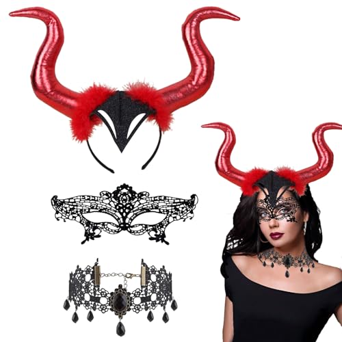 Halloween Teufelshörner,3Pcs Königin Hörner Kopfschmuck Damen Halloween mit Spitzenhalskette,Dämon Hörner Haarreif, Gothic für Damen & Kinder Kostüm Party, Fasching & Karneval Cosplay Deko Accessoire von Gugatad