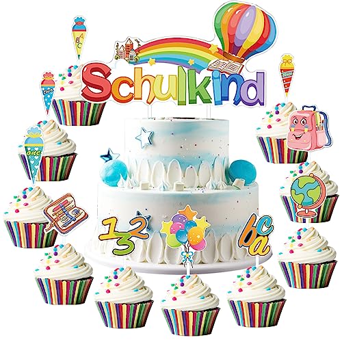 Tortendeko Einschulung Deko, 20 PCS Cake Topper Schulkind, Schulanfang Deko Cake Topper, Bunt Tortendeko Schulanfang, Deko Schulanfang Mädchen und Junge, Schulanfang Party Deko von Gugatad