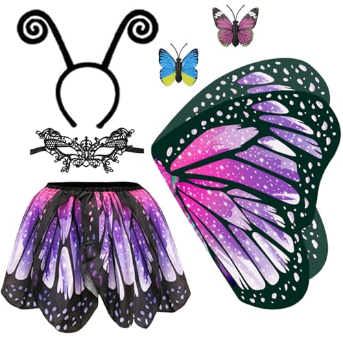 5 Stück Kostüm Kinder Schmetterling Mädchen Schmetterlingsflügel - Doppelseitiger Druck Schmetterling Umhang Flügel Cape mit Tutu Rock Haarreif Gesichtsmaske für Karnevel Fasching Kostüm (Purple) von GugnRyAc