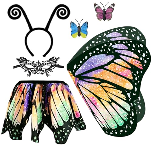 5 Stück Kostüm Kinder Schmetterling Mädchen Schmetterlingsflügel - Doppelseitiger Druck Schmetterling Umhang Flügel Cape mit Tutu Rock Haarreif Gesichtsmaske für Karnevel Fasching Kostüm (Colorful) von GugnRyAc