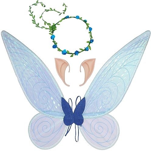 Feenflügel Schmetterlingsflügel mit Elfenohren Blumenkranz Erwachsene Flügel Kostüm Kinder Prinzessinnenflügel Damen Mädchen Flügel Kostüm Wings für Weihnachts Karneval Geburtstags Cosplay Party von GugnRyAc