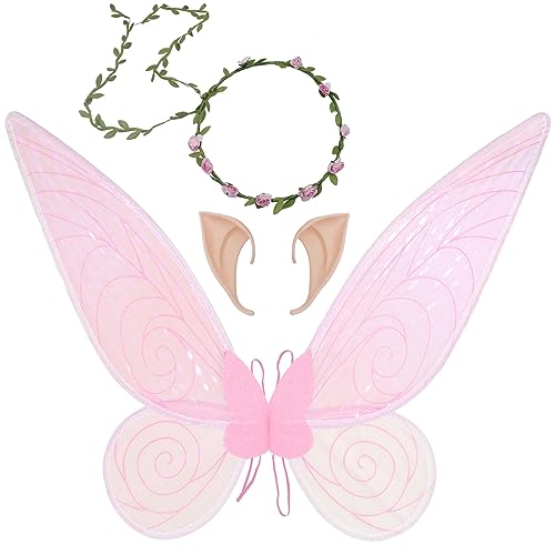 Feenflügel Schmetterlingsflügel mit Elfenohren Blumenkranz Erwachsene Flügel Kostüm Kinder Prinzessinnenflügel Damen Mädchen Flügel Kostüm Wings für Weihnachts Karneval Geburtstags Cosplay Party von GugnRyAc