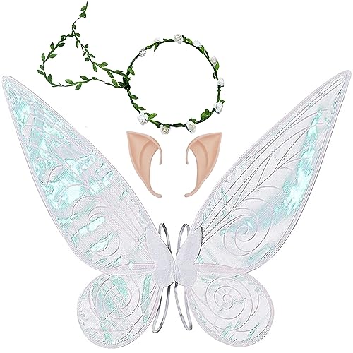 Feenflügel Schmetterlingsflügel mit Elfenohren Blumenkranz Erwachsene Flügel Kostüm Kinder Prinzessinnenflügel Damen Mädchen Flügel Kostüm Wings für Weihnachts Karneval Geburtstags Cosplay Party von GugnRyAc