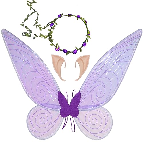 Feenflügel Schmetterlingsflügel mit Elfenohren Blumenkranz Erwachsene Flügel Kostüm Kinder Prinzessinnenflügel Damen Mädchen Flügel Kostüm Wings für Weihnachts Karneval Geburtstags Cosplay Party von GugnRyAc