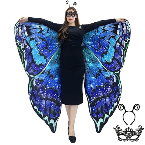 Schmetterling Umhang Damen - Doppelseitiger Druck Schmetterlingsflügel Erwachsene Kostüm mit Maske und Haarreif Schmetterling Flügel Faschingskostüme für Halloween Karnevel Cosplay (Blue) von GugnRyAc