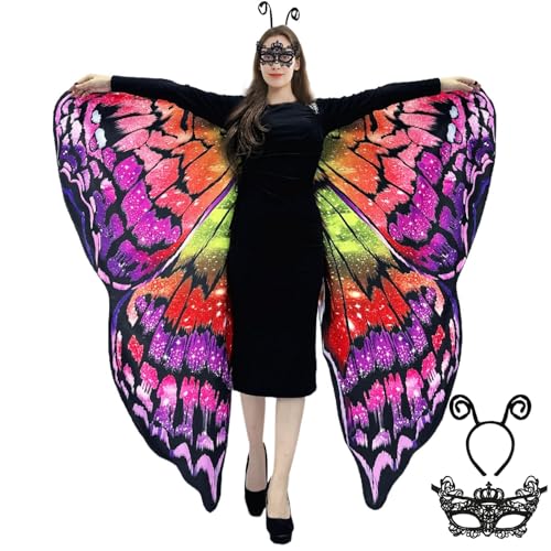 Schmetterling Umhang Damen - Doppelseitiger Druck Schmetterlingsflügel Erwachsene Kostüm mit Maske und Haarreif Schmetterling Flügel Faschingskostüme für Halloween Karnevel Cosplay (Multicolor) von GugnRyAc