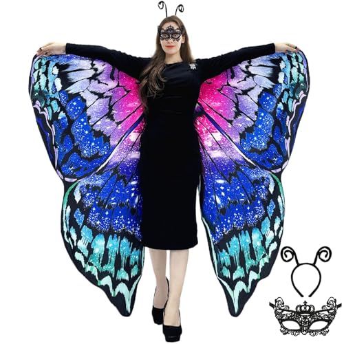 Schmetterling Umhang Damen - Doppelseitiger Druck Schmetterlingsflügel Erwachsene Kostüm mit Maske und Haarreif Schmetterling Flügel Faschingskostüme für Halloween Karnevel Cosplay (Pink-Blue) von GugnRyAc