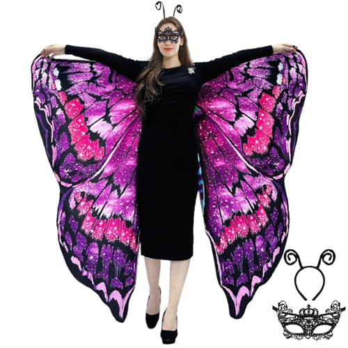 Schmetterling Umhang Damen - Doppelseitiger Druck Schmetterlingsflügel Erwachsene Kostüm mit Maske und Haarreif Schmetterling Flügel Faschingskostüme für Halloween Karnevel Cosplay (Purple) von GugnRyAc