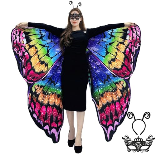 Schmetterling Umhang Damen - Doppelseitiger Druck Schmetterlingsflügel Erwachsene Kostüm mit Maske und Haarreif Schmetterling Flügel Faschingskostüme für Halloween Karnevel Cosplay (Rainbow) von GugnRyAc