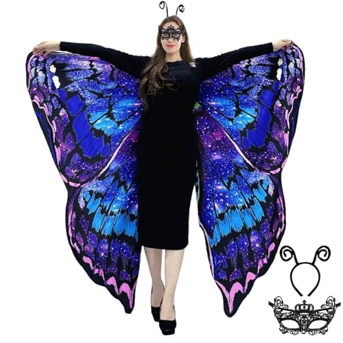 Schmetterling Umhang Damen - Doppelseitiger Druck Schmetterlingsflügel Erwachsene Kostüm mit Maske und Haarreif Schmetterling Flügel Faschingskostüme für Halloween Karnevel Cosplay (Sky) von GugnRyAc