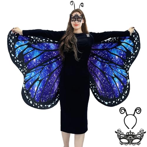 Schmetterling Umhang Damen Schmetterlingsflügel Erwachsene Faschingskostüme -Doppelseitiger Druck Schmetterling Flügel Cape mit Gesichtsmaske und Haarreif für Halloween Karnevel Kostüm (Blue) von GugnRyAc