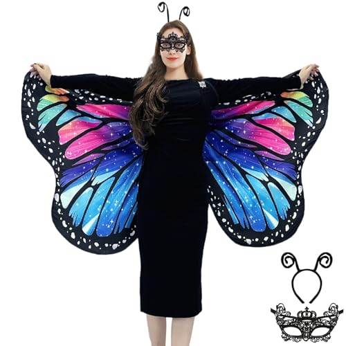 Schmetterling Umhang Damen Schmetterlingsflügel Erwachsene Faschingskostüme -Doppelseitiger Druck Schmetterling Flügel Cape mit Gesichtsmaske und Haarreif für Halloween Karnevel Kostüm (Colorful) von GugnRyAc