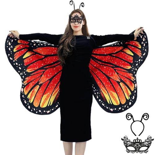 Schmetterling Umhang Damen Schmetterlingsflügel Erwachsene Faschingskostüme -Doppelseitiger Druck Schmetterling Flügel Cape mit Gesichtsmaske und Haarreif für Halloween Karnevel Kostüm (Orange) von GugnRyAc