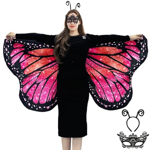 Schmetterling Umhang Damen Schmetterlingsflügel Erwachsene Faschingskostüme -Doppelseitiger Druck Schmetterling Flügel Cape mit Gesichtsmaske und Haarreif für Halloween Karnevel Kostüm (Pink) von GugnRyAc