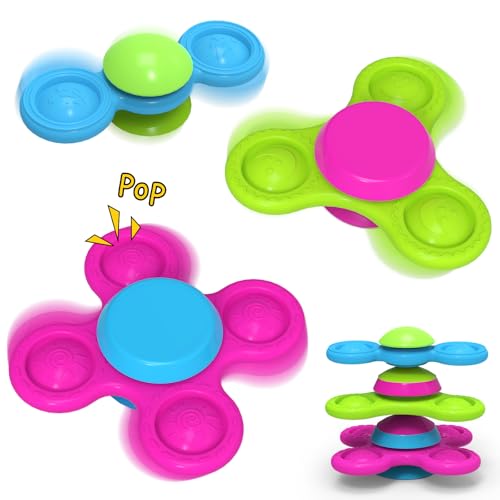 Saugnapf Spielzeug Baby 3 Stück Fidget Spinner Baby Stern- und Monddruckmuster 10 Monate+ Baby Spinner mit Saugnapf Silikon Spinner Baby Sensorik Montessori Spielzeug Badespielzeug （Stapelbar-Stern von Guibola