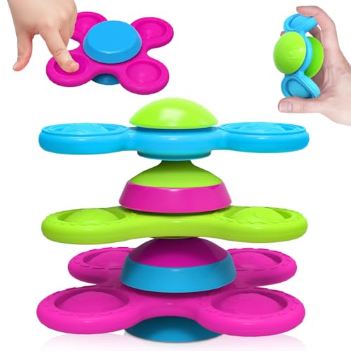 Guibola Saugnapf Spielzeug Kinder 3 Stück Fidget Spinner Baby Tierdruckmuster 10 Monate+ Baby Spielzeug Silikon Spinner Sensorik Spielzeug Montessori Spielzeug Badespielzeug Geschenke（Stapelbar-Tiere von Guibola