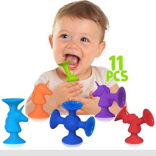 Guibola Saugnapf Spielzeug Kinder 11PCS Badewannen Spielzeug Montessori Spielzeug Sensorik Spielzeug Reise Spielzeug Einhorn Silikon Saugnapf Badespielzeug für 3 4 5 6 7 8 Jahre Jungen Mädchen von Guibola