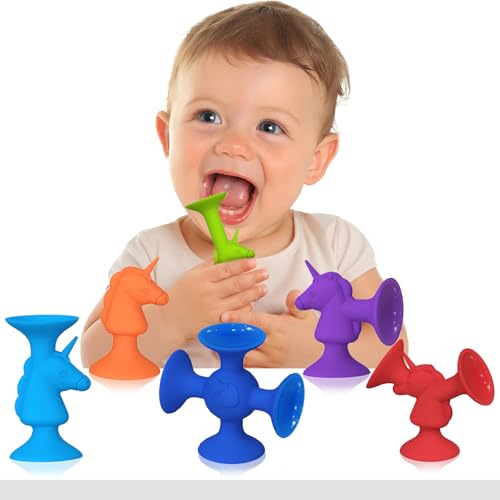 Saugspielzeug Baby, Niedlicher Einhorn Badespielzeug Baby ab 1 2 3 Jahr, Silikon Badewannen Spielzeug, Reise Spielzeug, Montessori Spielzeug, Sensorik Spielzeug für Jungen Mädchen (6pcs) von Guibola