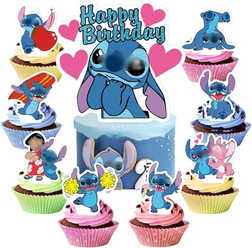 25 Stück Blue Kuchen Deko,Deko Geburtstag Mädchen Stitck Geburtstagsdeko Jungen Mädchen Cartoons Kuchen Topper Set für Birthday Party Dekoration Blue cartoon Cake Toppers zum Kinder von Guidre