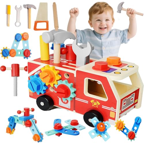 Werkzeugkoffer Geschenk-Set ab 3+ Jahre | 34-TLG Montessori Holzspielzeug mit Werkbank & Feuerwehrauto | Lernspielzeug zur Förderung der Feinmotorik Jungen und Mädchen Werkzeugkoffer Geschenk-Set ab 3+ Jahre | 34-TLG Montessori Holzspielzeug mit Werkbank & Feuerwehrauto | Lernspielzeug zur Förderung der Feinmotorik Jungen und Mädchen von Guihumz