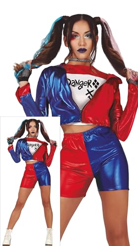 FIESTAS GUIRCA | Dangerous Glam Frauenkostüm (44-46/XL) - T-Shirt, Jacke und Hose für Frauen - Ideal für Halloween, Superhelden und Bösewichte, Mr. Smile und Themenpartys - Rot und Blau von FIESTAS GUIRCA