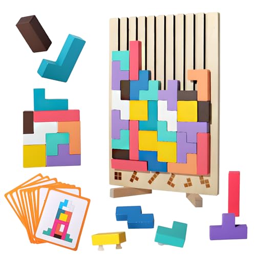 3D Puzzle Tetris Spiel Kinder,Montessori Spielzeug, Gehirn Spielzeug ab 3 4 5 Jahre, Holzpuzzle mit 42 Stück Intelligenz Bunte Bausteine, 10 Karten, Lernspielzeug Geschenk für Jungen Mädchen von Guishop-EU