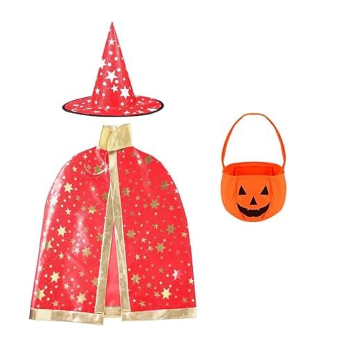 Gujey Kinder Halloween Kostüm, Halloween Hexe Zauberer Umhang, Zauberermantel Mit Hut Kürbis Candy Bag, Requisiten Set für 3-12 Kinder Junge Mädchen Kostüm Cosplay Festivel Party (D) von Gujey